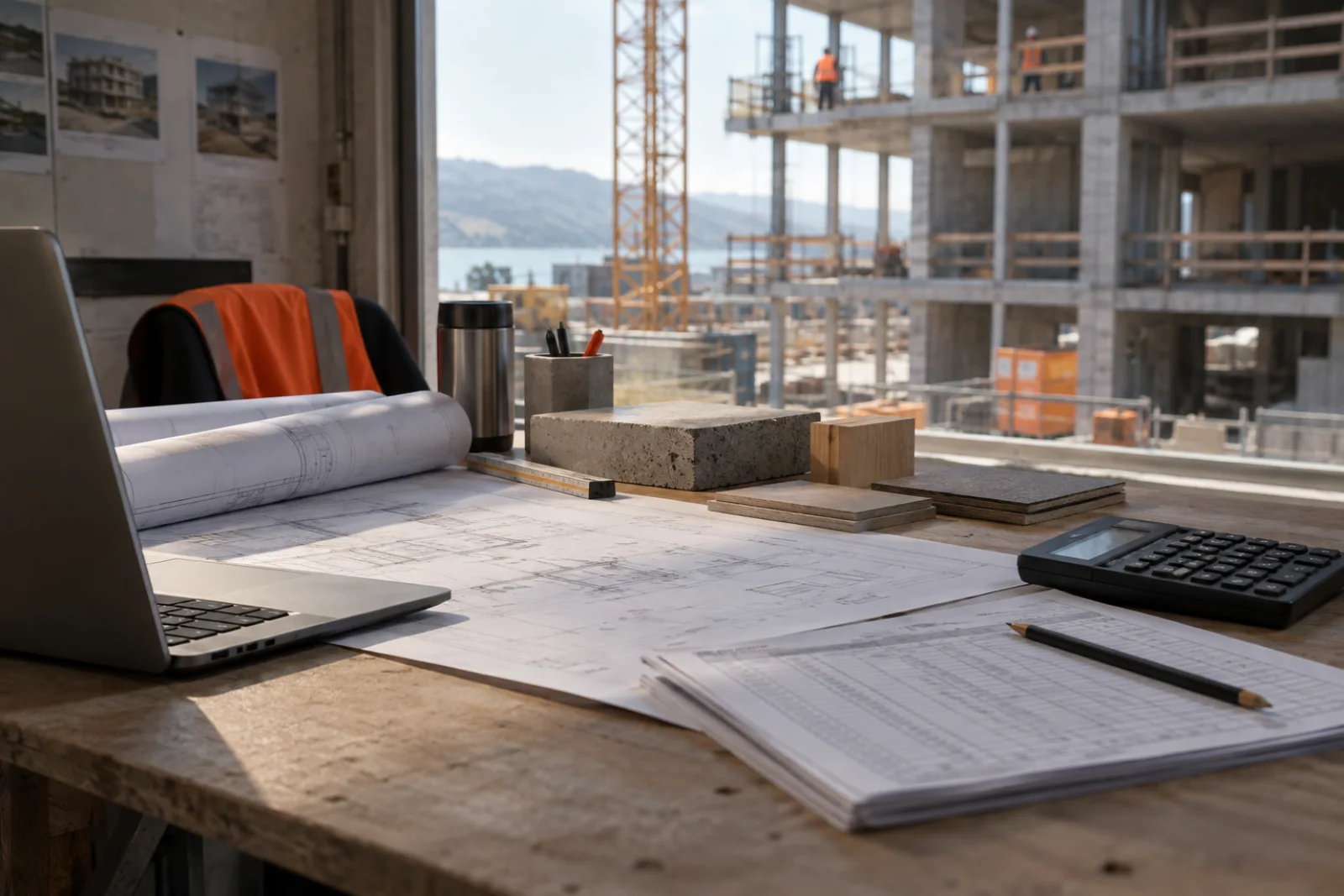 Kalkulationsarbeitsplatz in einem Baubüro mit Plänen und Materialmustern