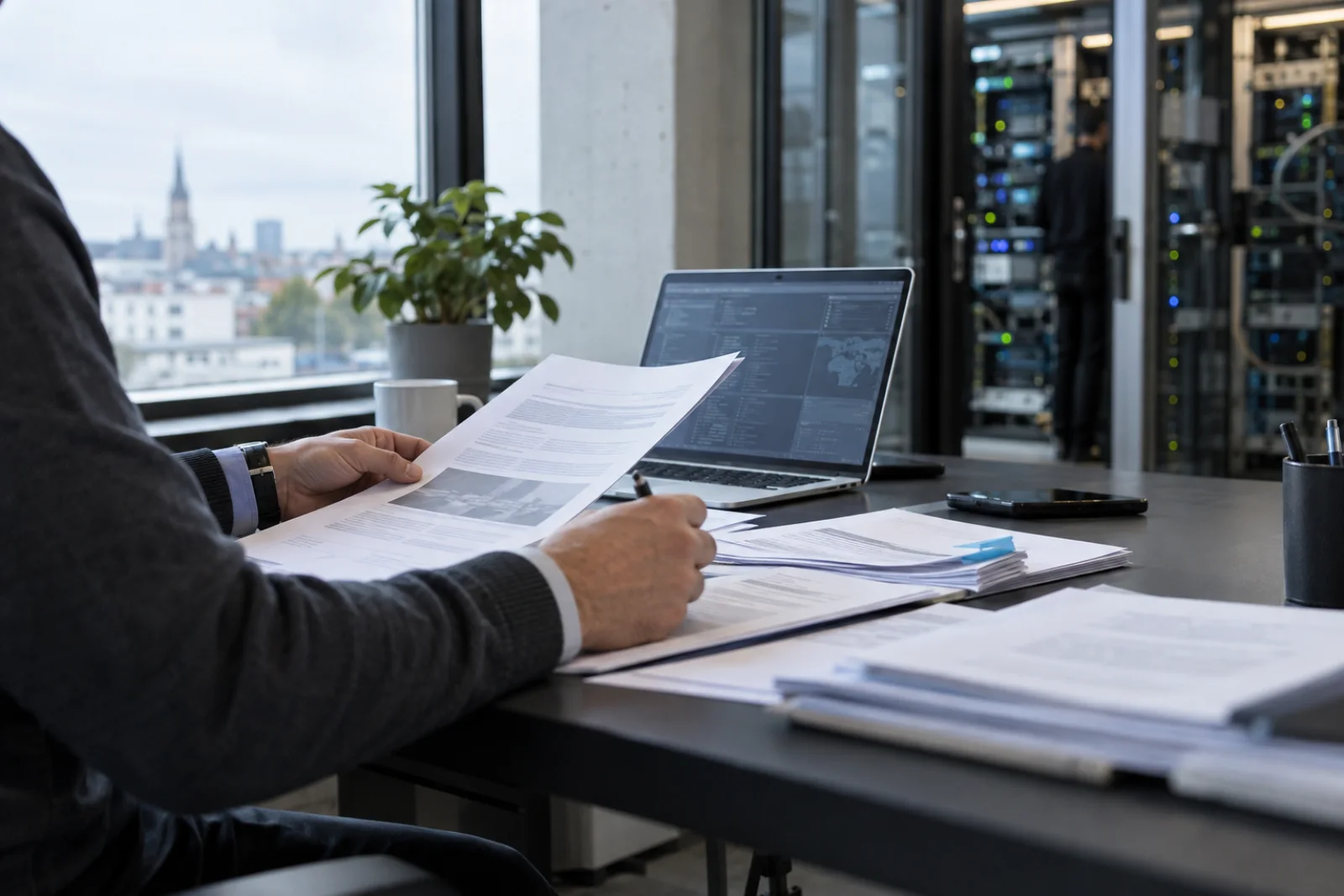IT-Fachperson prüft Ausschreibungsunterlagen an einem Arbeitsplatz neben einem Serverraum