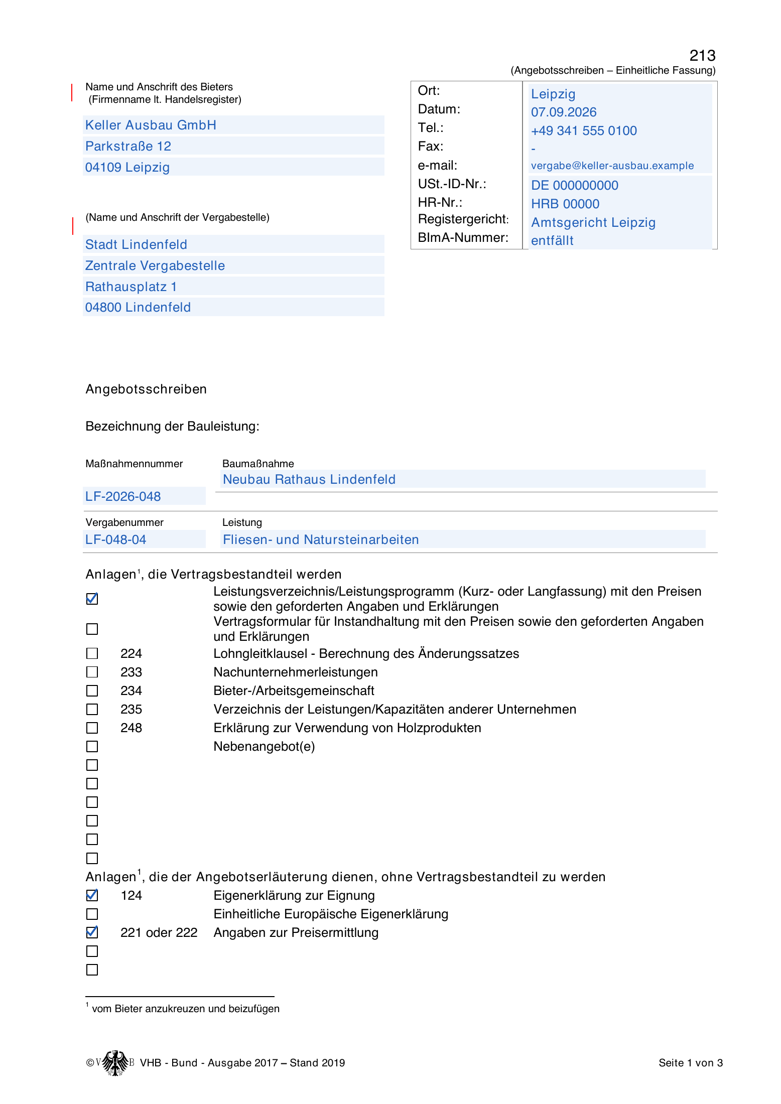 Vollständig mit Demodaten ausgefülltes Angebotsschreiben, VHB-Formblatt 213